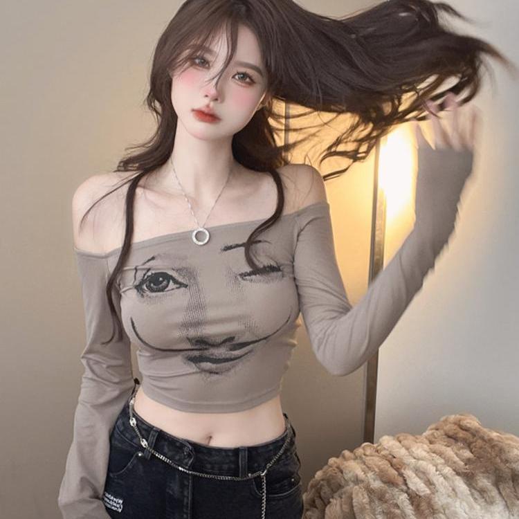 Jiashucheng Áo Thun Tay Dài Trễ Vai Dáng Ôm In Họa Tiết Thời Trang Quyến Rũ Cho Nữ