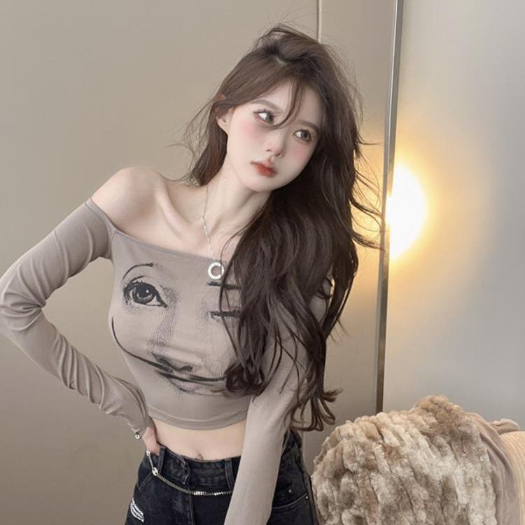 Jiashucheng Áo Thun Tay Dài Trễ Vai Dáng Ôm In Họa Tiết Thời Trang Quyến Rũ Cho Nữ