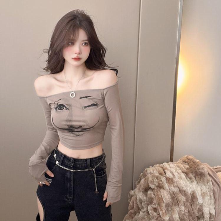 Jiashucheng Áo Thun Tay Dài Trễ Vai Dáng Ôm In Họa Tiết Thời Trang Quyến Rũ Cho Nữ