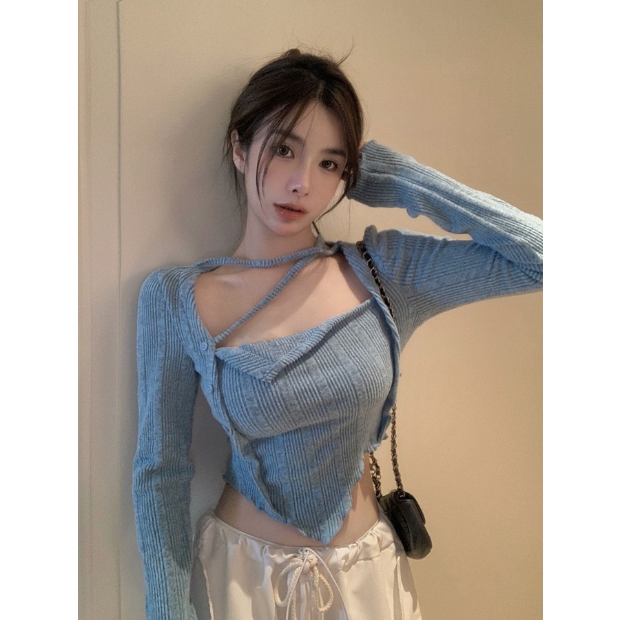 Jiashucheng Áo Sơ Mi Giả Hai Mảnh Buộc Dây Nhỏ Tay Dài Màu Trơn Phong Cách Hàn Quốc Mùa Thuần Khiết Ngọt Ngào