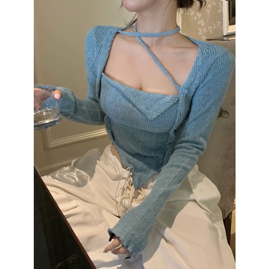 Jiashucheng Áo Sơ Mi Giả Hai Mảnh Buộc Dây Nhỏ Tay Dài Màu Trơn Phong Cách Hàn Quốc Mùa Thuần Khiết Ngọt Ngào