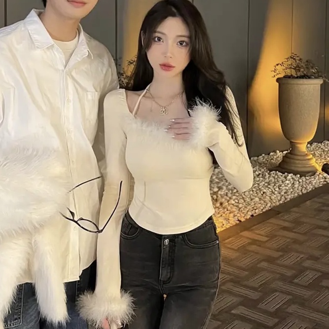 Jiashucheng Áo Thun Tay Dài Dáng Ôm Phối Vải Lông Xù Phối Ren Thuần Khiết Thời Trang Thu Đông Phong Cách Mới Cho Nữ @