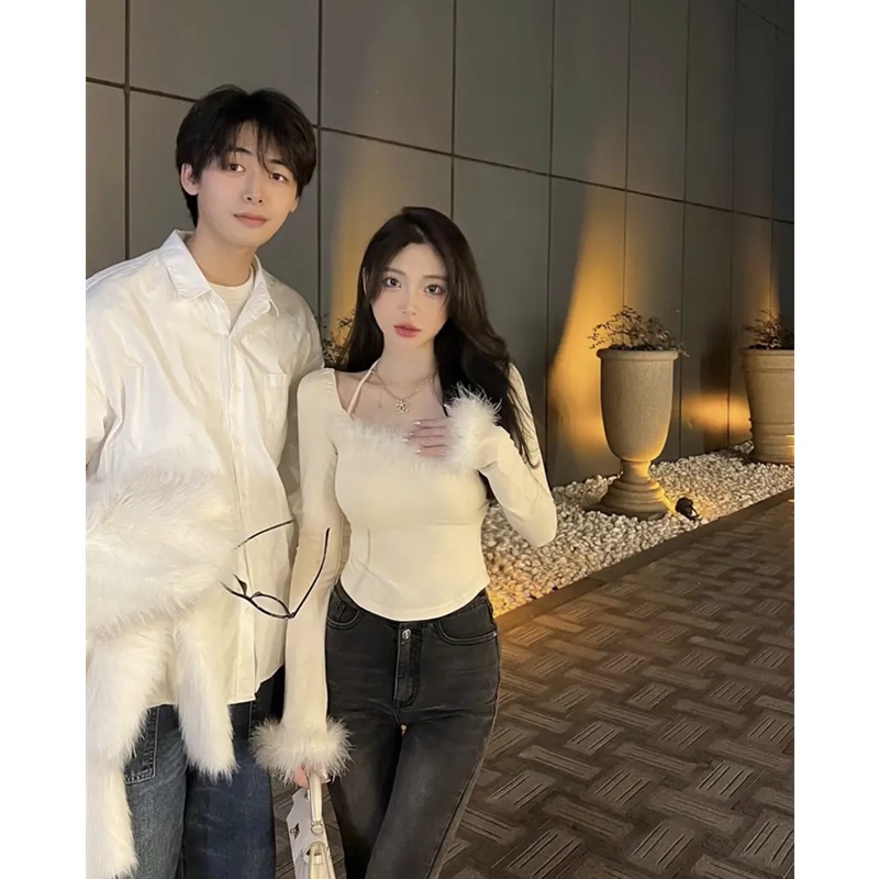 Jiashucheng Áo Thun Tay Dài Dáng Ôm Phối Vải Lông Xù Phối Ren Thuần Khiết Thời Trang Thu Đông Phong Cách Mới Cho Nữ @