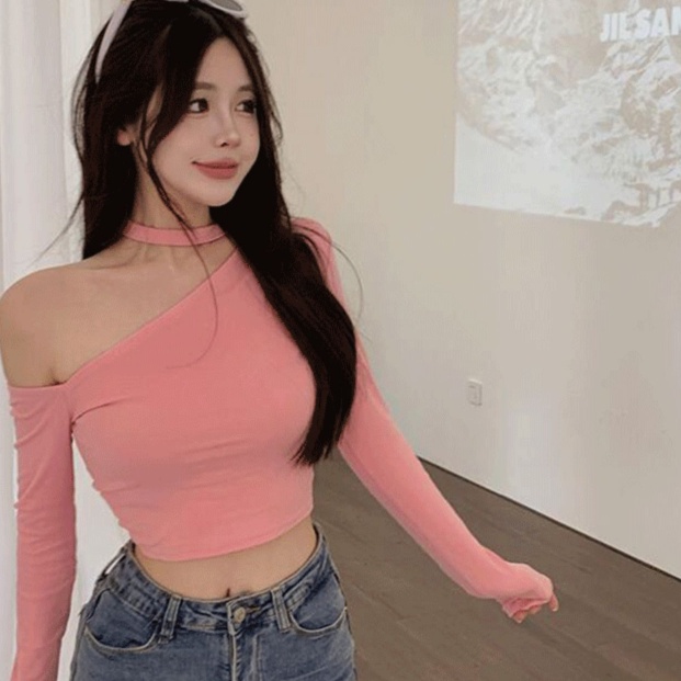 Jiashucheng Áo Thun Tay Dài Lệch Vai Ôm Dáng Quyến Rũ Hợp Thời Trang Cho Nữ