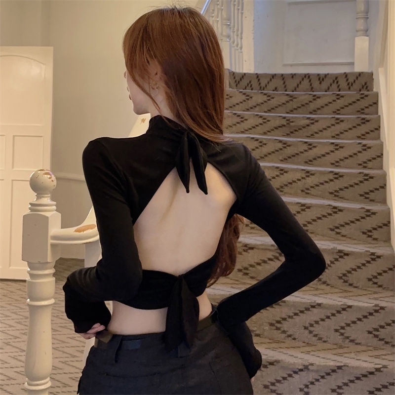 Jiashucheng Áo Thun Ngắn Tay Dài Hở Lưng Phong Cách Mùa Thu Sang Trọng Cho Nữ