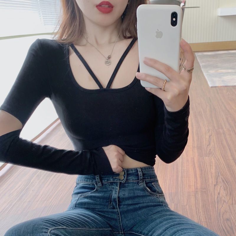 Jiashucheng Áo Thun Tay Dài Dáng Ngắn Ôm Sát Hở Xương Quai Xanh Lá Phong Cách Phương Tây Thời Trang Thu Đông Dành Cho Nữ