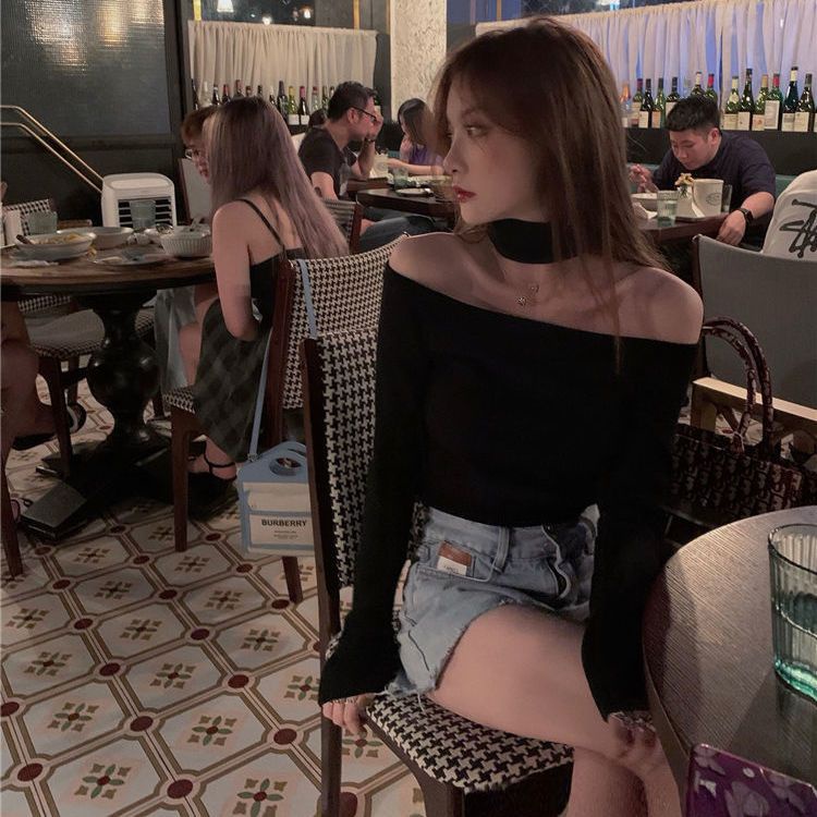 Jiashucheng Áo Thun Tay Dài Hở Vai Dáng Ôm Thời Trang Thu Đông Mới Dành Cho Bạn Nữ