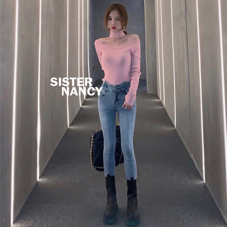 Jiashucheng Áo Thun Tay Dài Hở Vai Dáng Ôm Thời Trang Thu Đông Mới Dành Cho Bạn Nữ