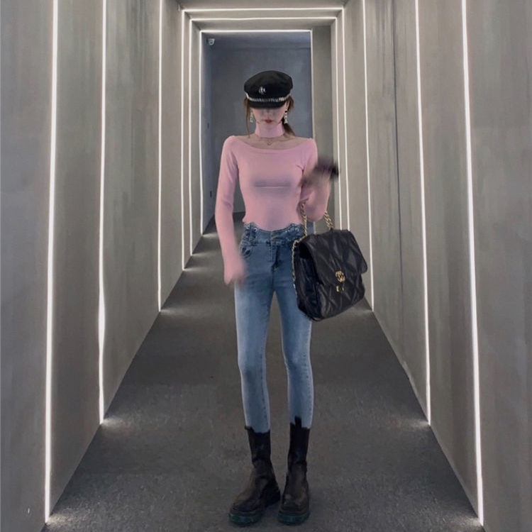 Jiashucheng Áo Thun Tay Dài Hở Vai Dáng Ôm Thời Trang Thu Đông Mới Dành Cho Bạn Nữ