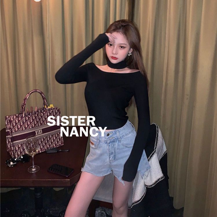 Jiashucheng Áo Thun Tay Dài Hở Vai Dáng Ôm Thời Trang Thu Đông Mới Dành Cho Bạn Nữ