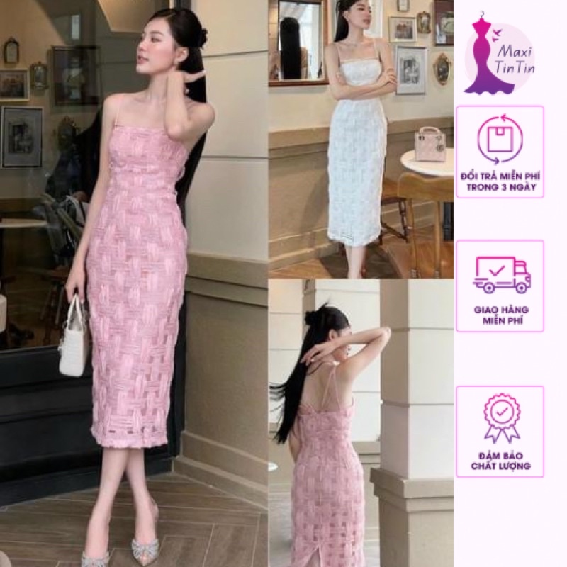 Đầm váy đi tiệc hai dây ren nổi body đan dây thiết kế cao cấp hai màu phong cách tiểu thư sang chảnh Maxi TinTin