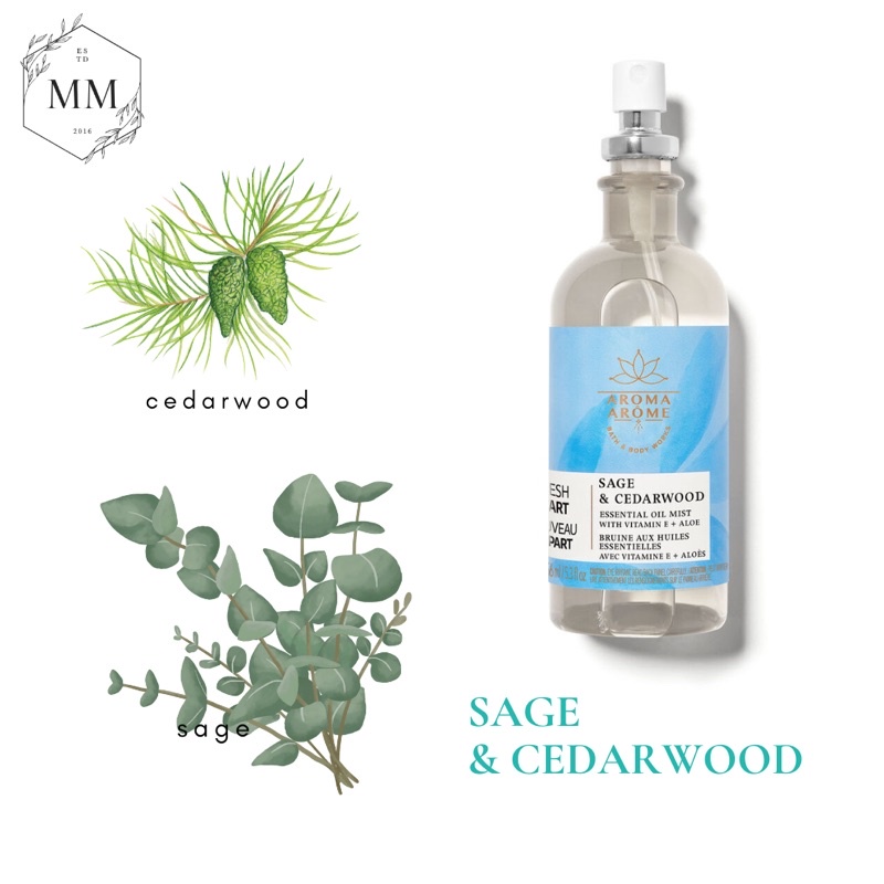 [Moomoocos] - Bộ sản phẩm xịt ga gối Bath & body works Aroma Therapy Essential Oil Mist Shower Gel Sage & Cedarwood