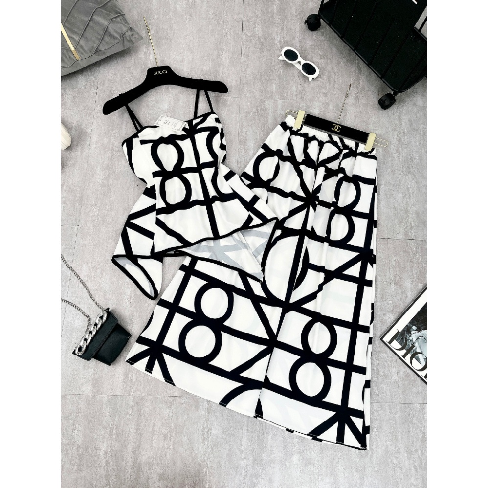 Set Kẻ Hình Áo 2 Dây Mix Chấn Váy Dài, Chất Lụa Mịn Mướt