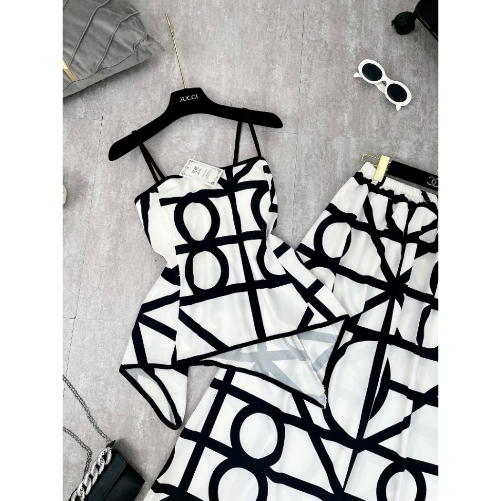 Set Kẻ Hình Áo 2 Dây Mix Chấn Váy Dài, Chất Lụa Mịn Mướt