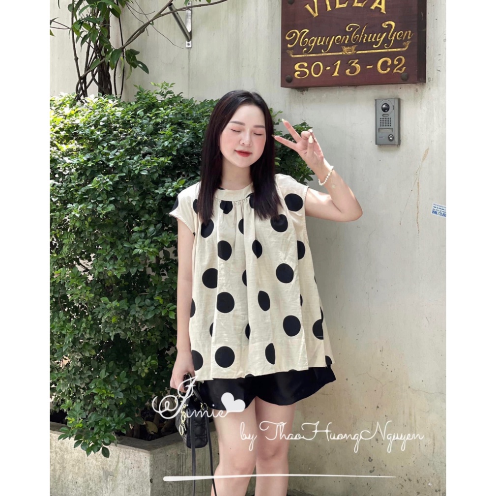 Set Áo Chấm Bi Thiết Kế Tay Hến Mix Quần Đũi Thô Dày Dặn Siêu Hot