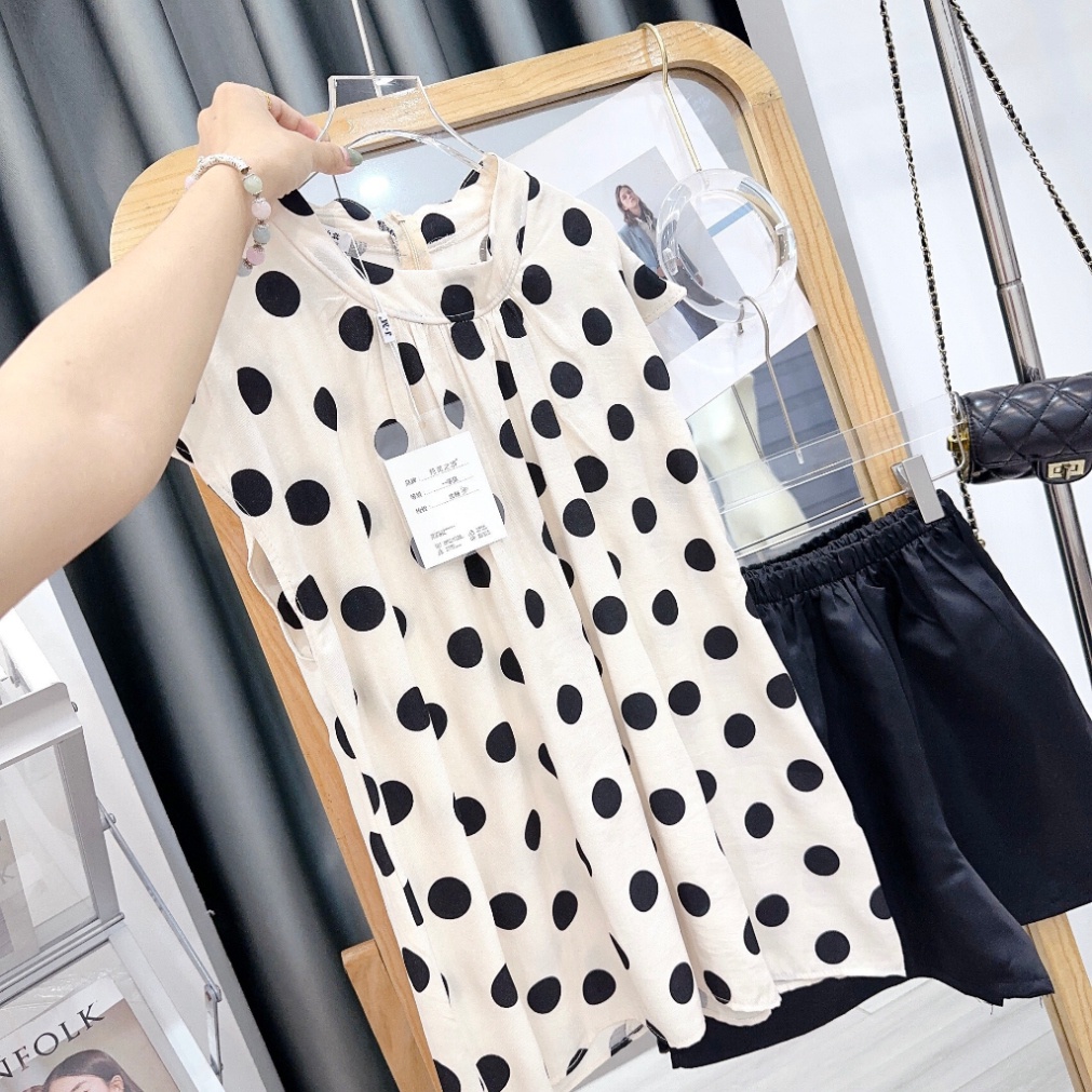 Set Áo Chấm Bi Thiết Kế Tay Hến Mix Quần Đũi Thô Dày Dặn Siêu Hot