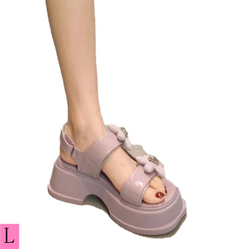 Giày Sandal Mary Jane Đế Dày Tăng Chiều Cao Đính Hoa Tím Dễ Thương Thời Trang Mùa Hè 2023 Cho Bạn Gái
