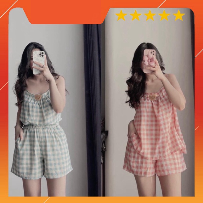 Huonglana- BỘ ĐÙI KẺ Ô VUÔNG THÊU GẤU 2S XANH HỒNG