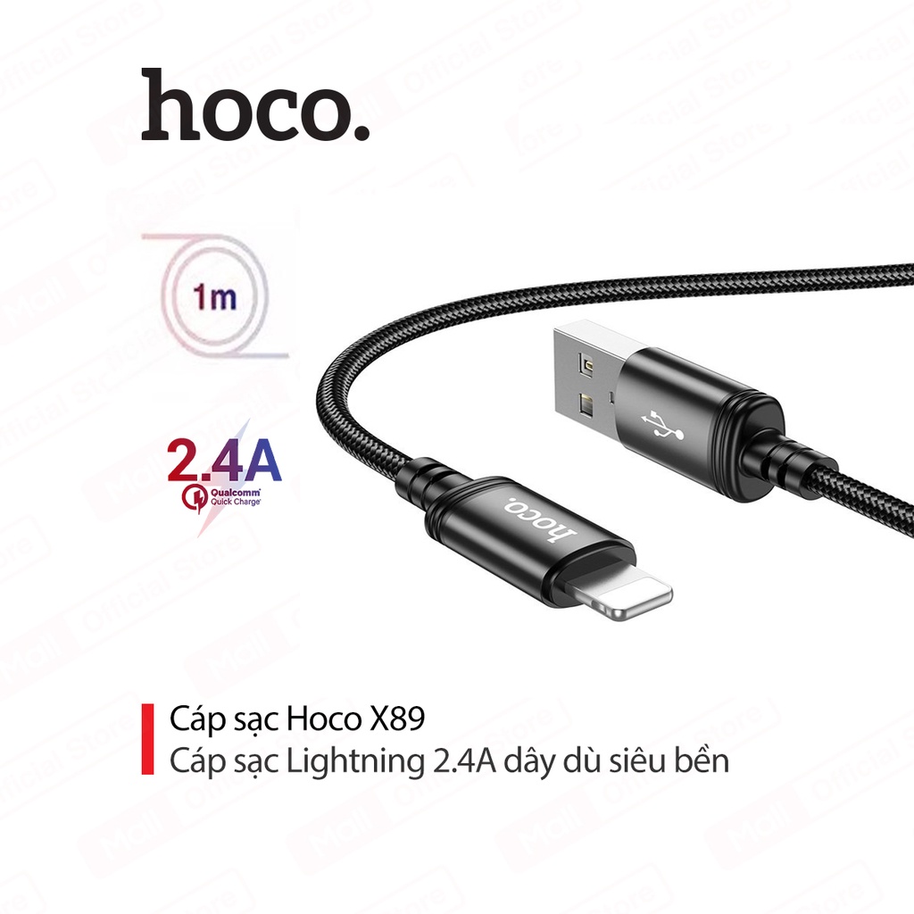 Cáp sạc Hoco X89 sạc nhanh dây dù bện dài 1M cho lP đen chính hãng hocoteckvnn