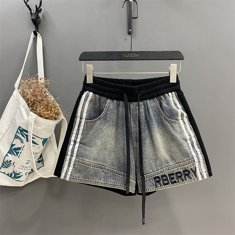 Jiashucheng Quần Short Denim Chữ A Lưng Thun Phối Màu Tương Phản Thời Trang Cho Nữ