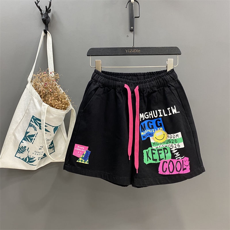 Jiashucheng Quần Short Jean Chữ A Lưng Thun Rút Dây In Họa Tiết Thời Trang