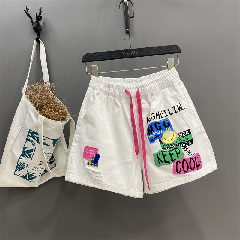 Jiashucheng Quần Short Jean Chữ A Lưng Thun Rút Dây In Họa Tiết Thời Trang