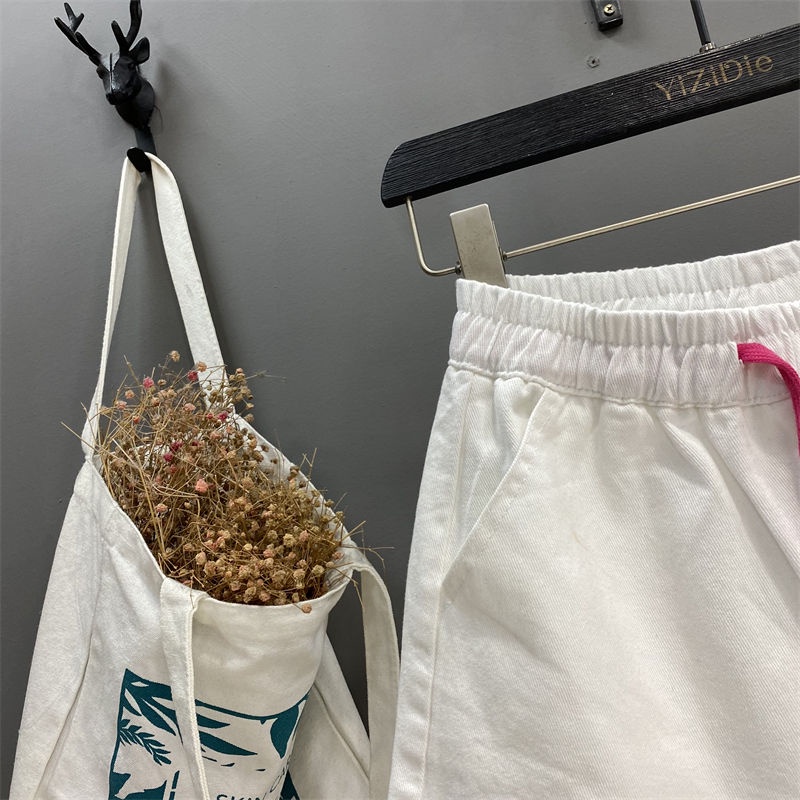 Jiashucheng Quần Short Jean Chữ A Lưng Thun Rút Dây In Họa Tiết Thời Trang