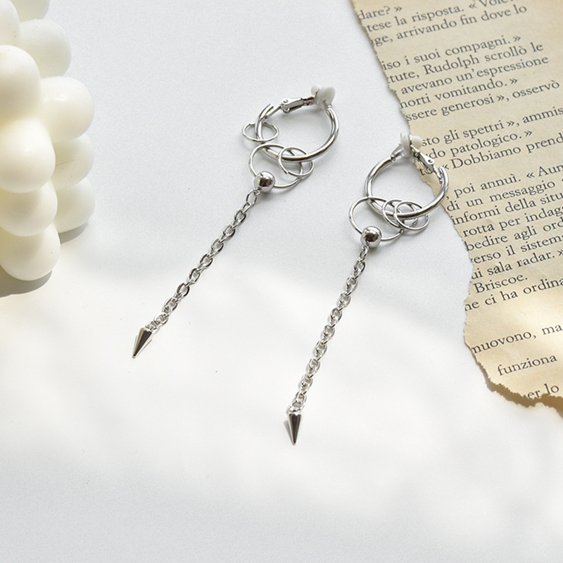 Khuyên tai kẹp không bấm lỗ chốt cố định dáng còng K377 bằng hợp kim mạ bạc hình khối tròn dáng dài Leous