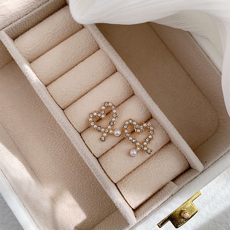 Khuyên tai kẹp không bấm lỗ chốt cố định K374 bằng hợp kim mạ vàng hình trái tim đính đá hạt trai dáng ngắn Leous