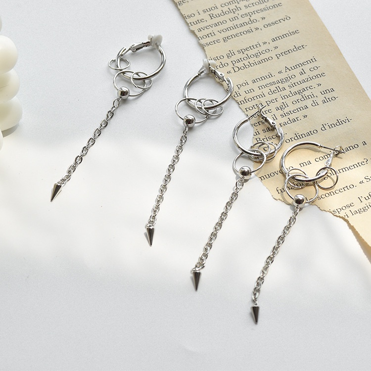 Khuyên tai kẹp không bấm lỗ chốt cố định dáng còng K377 bằng hợp kim mạ bạc hình khối tròn dáng dài Leous