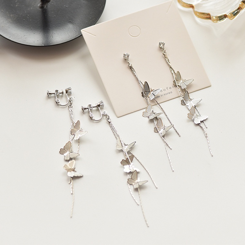 Khuyên tai kẹp không bấm lỗ chốt điều chỉnh K382 bằng hợp kim mạ bạc hình cánh bướm dáng dài Leous Accessories