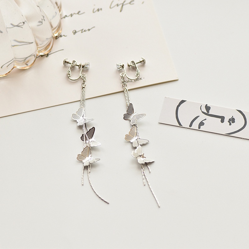 Khuyên tai kẹp không bấm lỗ chốt điều chỉnh K382 bằng hợp kim mạ bạc hình cánh bướm dáng dài Leous Accessories