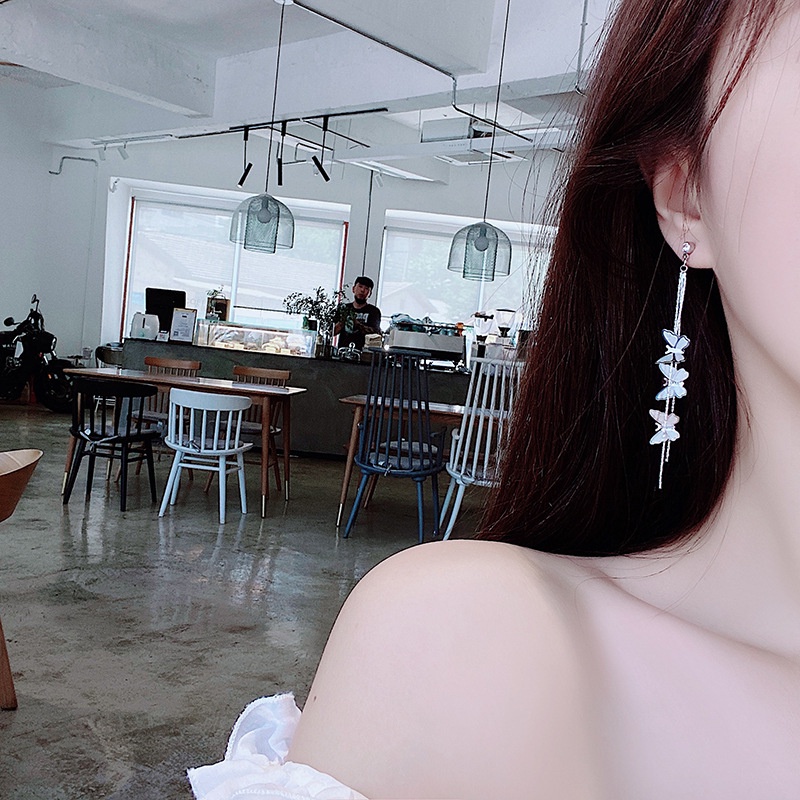 Khuyên tai kẹp không bấm lỗ chốt điều chỉnh K382 bằng hợp kim mạ bạc hình cánh bướm dáng dài Leous Accessories