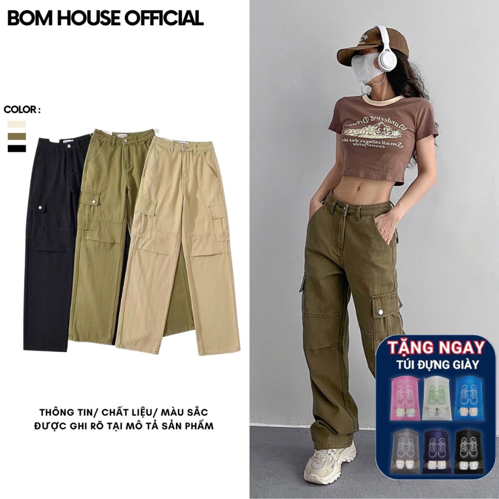 Quần Dài Ống Rộng Túi Hộp Kaki TH09 Cạp Cao Nam Nữ Unisex Bomhouse