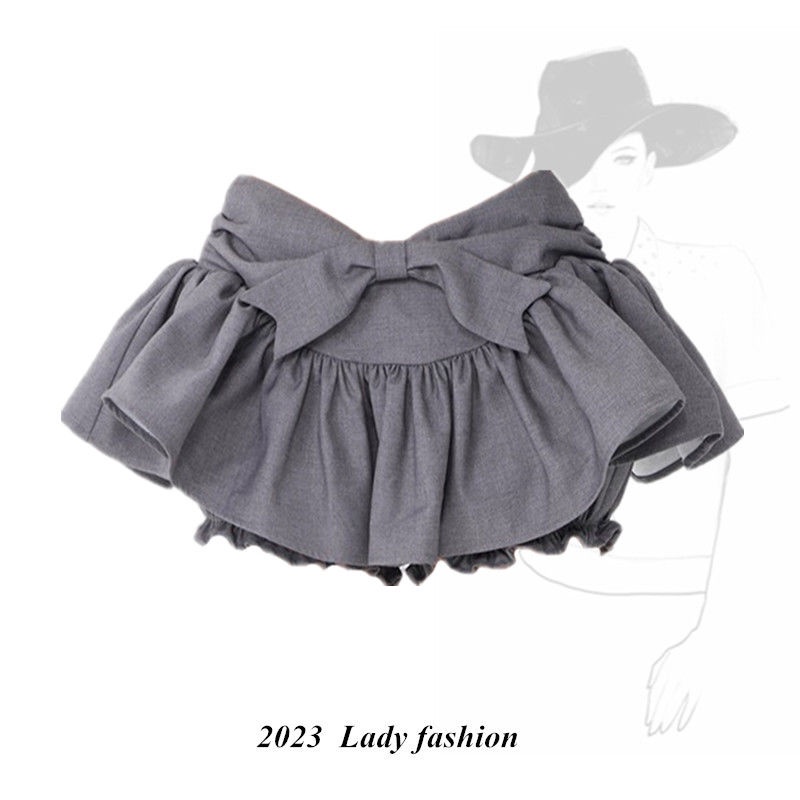 Hàng Có Sẵn!Áo Hở Vai Tay Dài Lệch Tà Màu Xám Đính Nơ Hakama Giả Hai Mảnh Thời Trang Mùa Hè Mới Dành Cho Bạn Gái