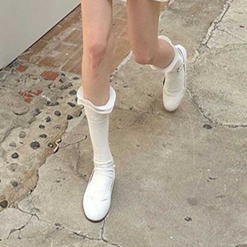 FHYL Vớ Cotton Trơn Mỏng Hai Lớp Cắt Ren Mới Hàn Quốc Với Kim Đôi Màu Trơn Phong Cách Nhật Bản JK Đơn Giản Đa Năng Cho Nữ