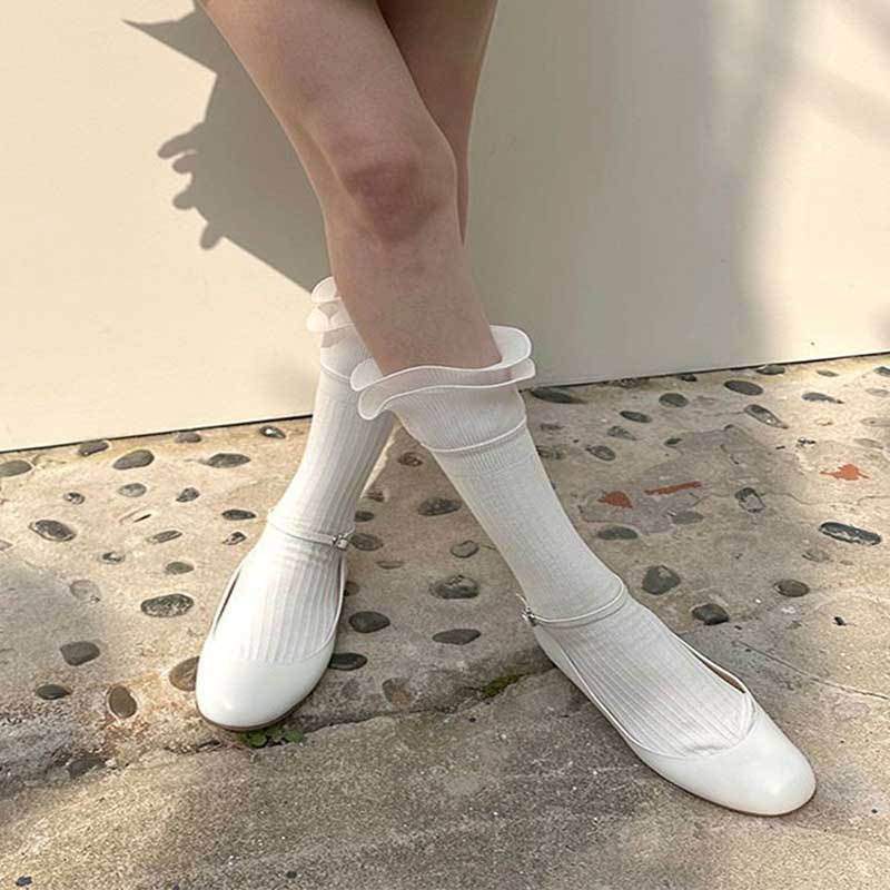 FHYL Vớ Cotton Trơn Mỏng Hai Lớp Cắt Ren Mới Hàn Quốc Với Kim Đôi Màu Trơn Phong Cách Nhật Bản JK Đơn Giản Đa Năng Cho Nữ