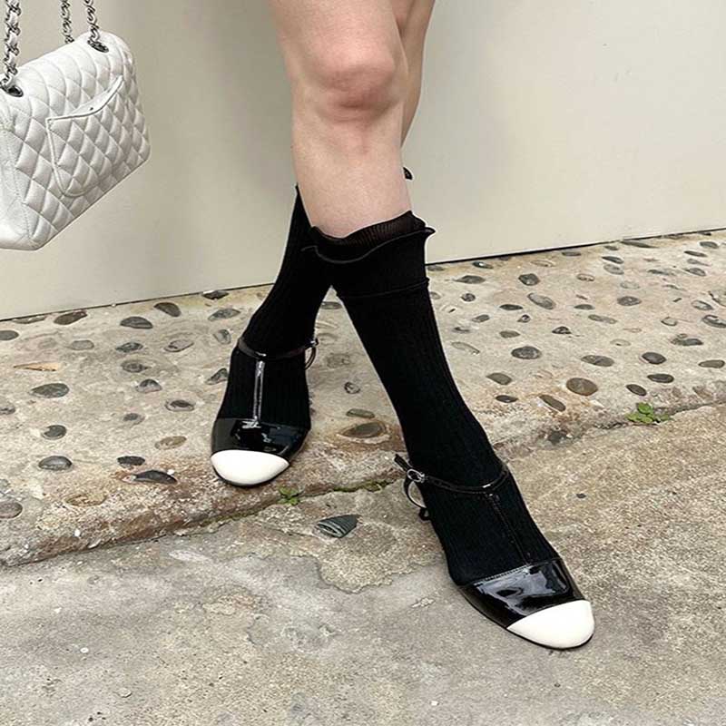 FHYL Vớ Cotton Trơn Mỏng Hai Lớp Cắt Ren Mới Hàn Quốc Với Kim Đôi Màu Trơn Phong Cách Nhật Bản JK Đơn Giản Đa Năng Cho Nữ