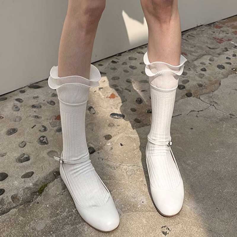 FHYL Vớ Cotton Trơn Mỏng Hai Lớp Cắt Ren Mới Hàn Quốc Với Kim Đôi Màu Trơn Phong Cách Nhật Bản JK Đơn Giản Đa Năng Cho Nữ