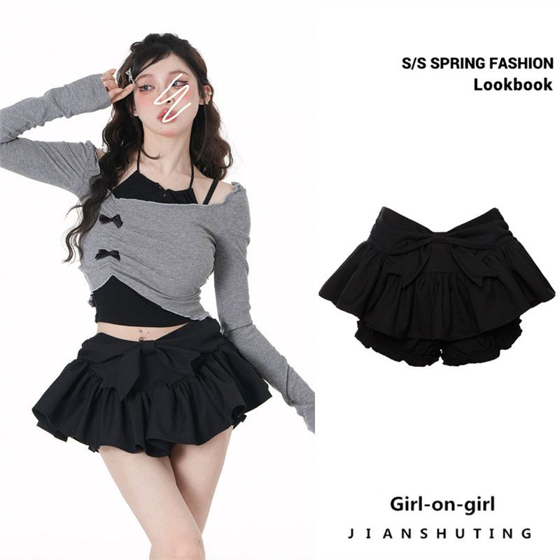 Hàng Có Sẵn!Áo Hở Vai Tay Dài Lệch Tà Màu Xám Đính Nơ Hakama Giả Hai Mảnh Thời Trang Mùa Hè Mới Dành Cho Bạn Gái