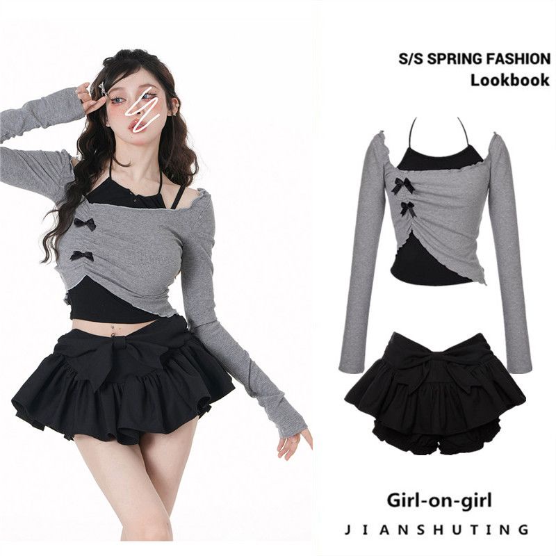 Hàng Có Sẵn!Áo Hở Vai Tay Dài Lệch Tà Màu Xám Đính Nơ Hakama Giả Hai Mảnh Thời Trang Mùa Hè Mới Dành Cho Bạn Gái