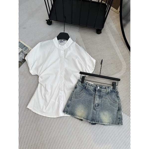 Sơ mi tay bồng cổ tàu rút eo Gava