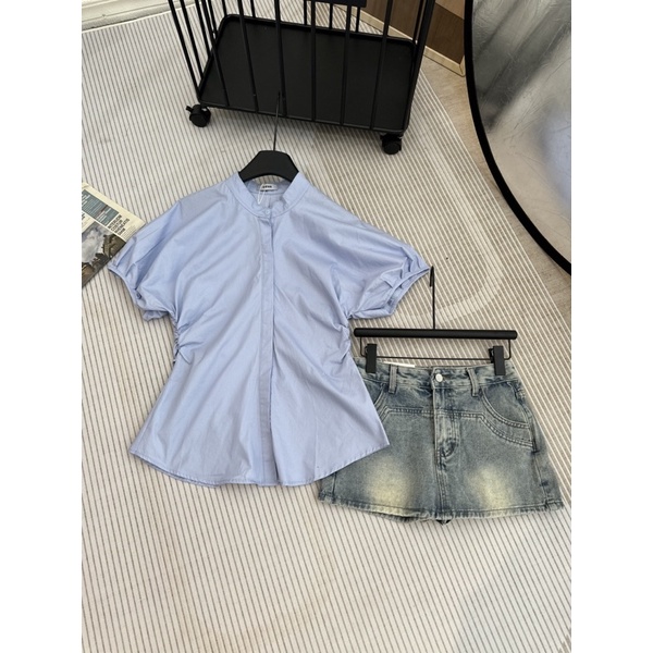 Sơ mi tay bồng cổ tàu rút eo Gava