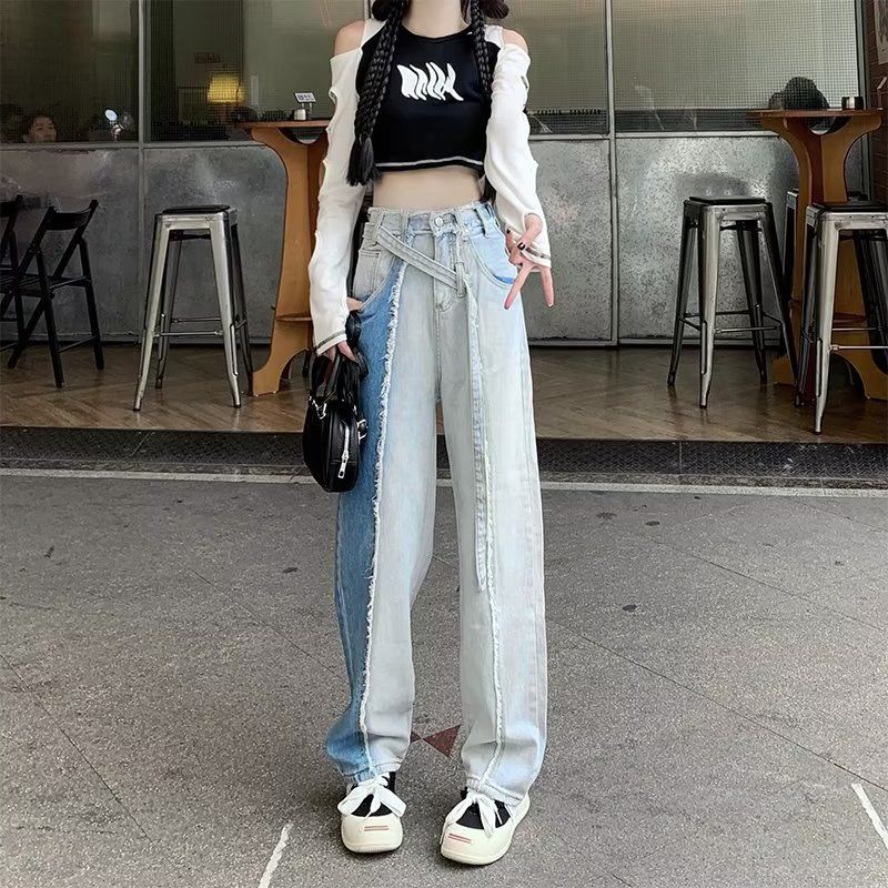 Jiashucheng Quần Jean Ống Rộng Lưng Cao Màu Sắc Tương Phản Cỡ Lớn Thời Trang Cho Nữ