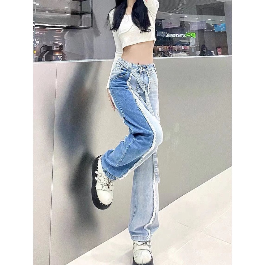 Jiashucheng Quần Jean Ống Rộng Sờn Phong Cách Retro Đường Phố Cao Cấp Cỡ Lớn Cho Nữ Trou