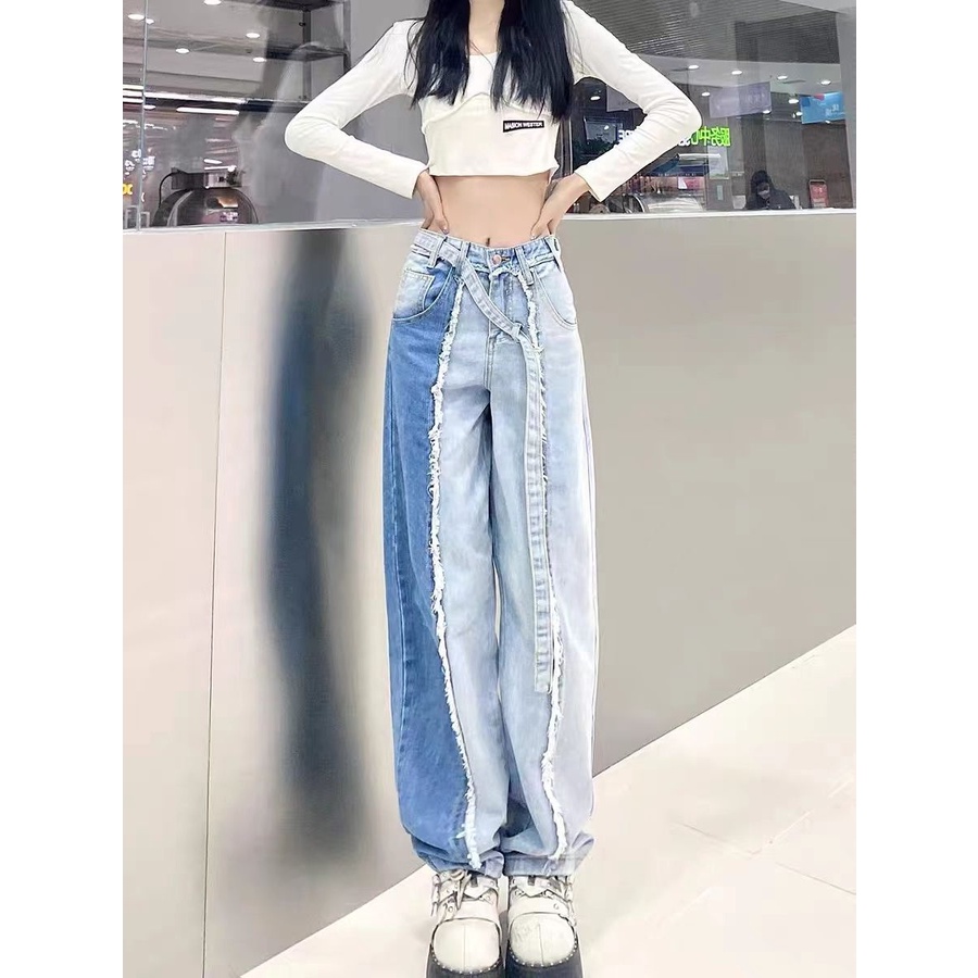 Jiashucheng Quần Jean Ống Rộng Sờn Phong Cách Retro Đường Phố Cao Cấp Cỡ Lớn Cho Nữ Trou