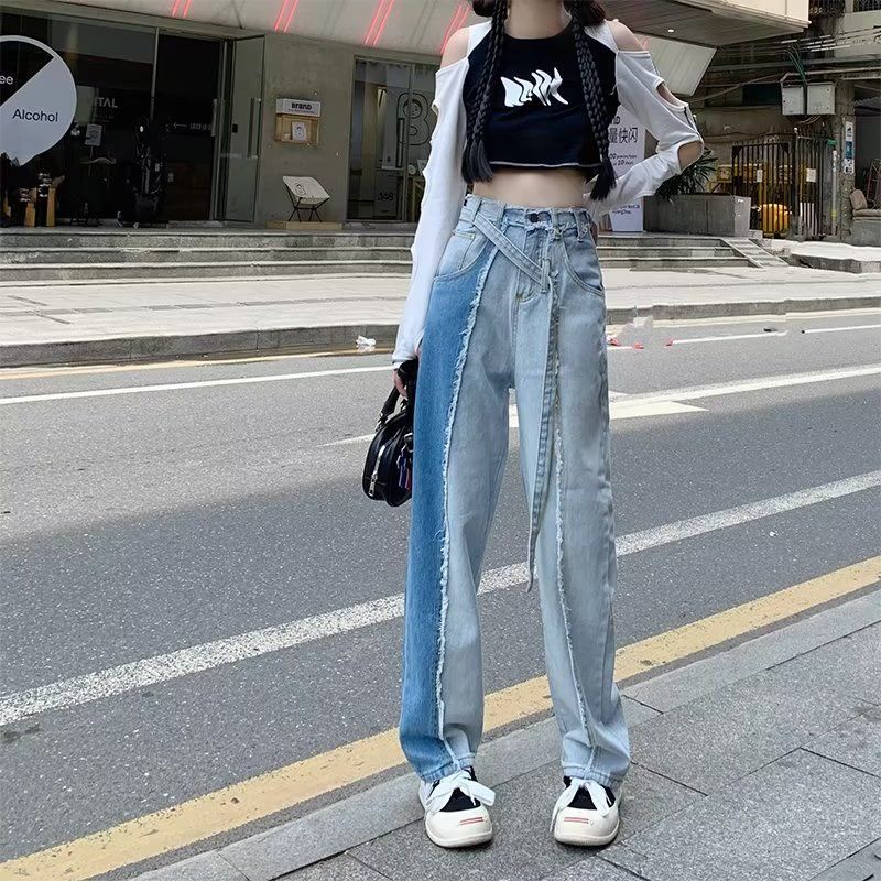 Jiashucheng Quần Jean Ống Rộng Lưng Cao Màu Sắc Tương Phản Cỡ Lớn Thời Trang Cho Nữ
