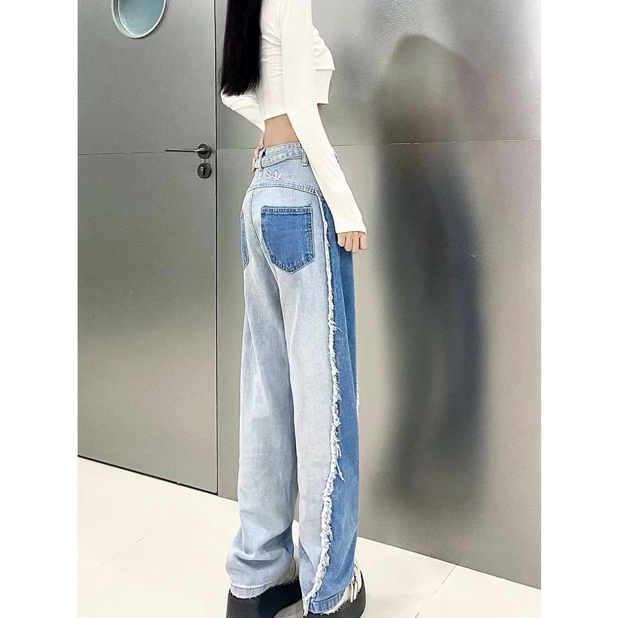 Jiashucheng Quần Jean Ống Rộng Sờn Phong Cách Retro Đường Phố Cao Cấp Cỡ Lớn Cho Nữ Trou
