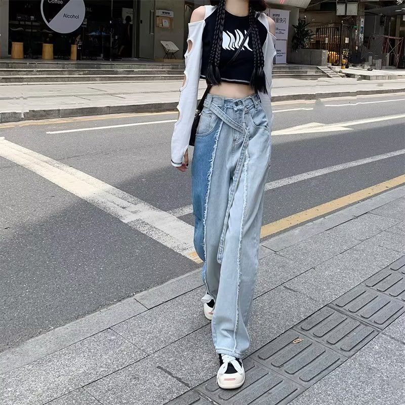 Jiashucheng Quần Jean Ống Rộng Lưng Cao Màu Sắc Tương Phản Cỡ Lớn Thời Trang Cho Nữ