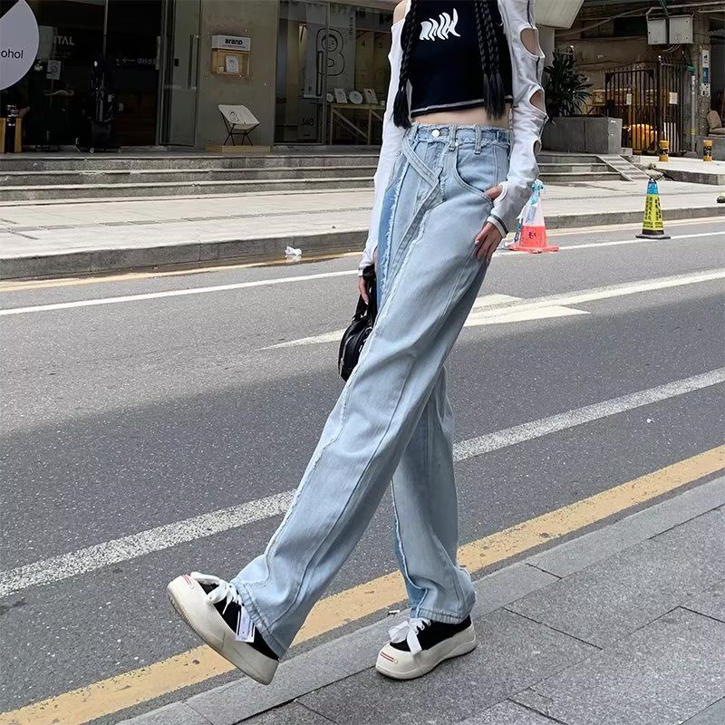 Jiashucheng Quần Jean Ống Rộng Lưng Cao Màu Sắc Tương Phản Cỡ Lớn Thời Trang Cho Nữ